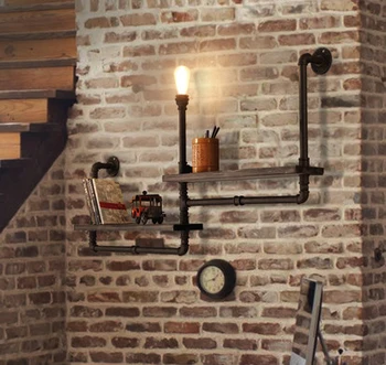 

Retro Loft Shelf Wood Wrought Iron Pipe Wall Lights Edison E27 110V/220V Wall Lamp Luminaria for Cafe Bar Home Decoration