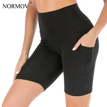 NORMOV de cintura alta Atlético entrenamiento Mujer Pantalones cortos, short Mujer Sexy Shorts Fitness Mujer bolsillo negro pantalones cortos