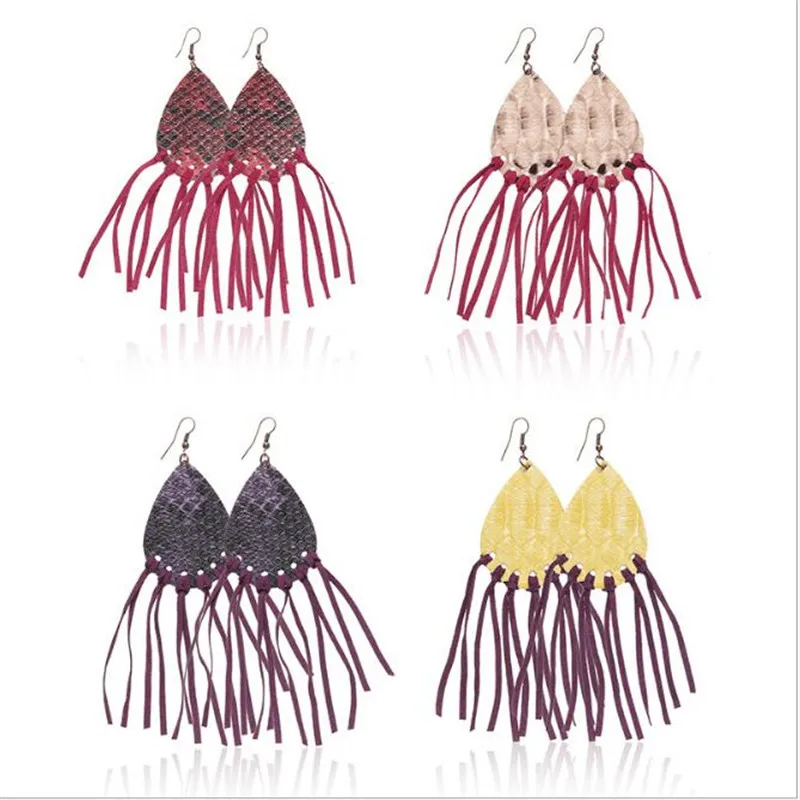 

2019 Bohemia Tassel Charm Drop Earrings For Women Vintage Snake Leather Tassel Earrings Fashion Jewelry Party Gifts Accessories