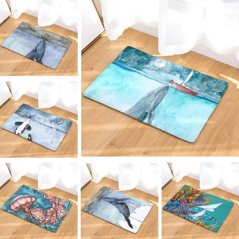 Bath Mat Marine Whale Printed Suede Rug Home Decoration Bathroom Carpet 50x80cm Doormat Outdoor Kitchen Toilet Floor Mat