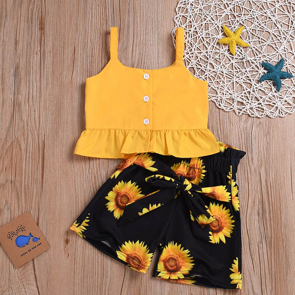 

Fashion Summer Toddler Baby Girls Sleeveless Ruffles Solid Vest Ruched Tops+Sunflower Loose Shorts Outfits Clothing cocuk giyim