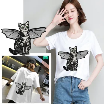 

New DIY Flying Cat Vintage Embroidery Fabric Large Applique Patch African Lace Sew Dress Cloth Decorate Accessory