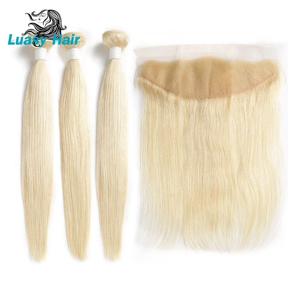 Luasy перуанские Волосы remy 613 Блондин человеческие волосы пряди с закрытием 13x4 уха до Кружева Фронтальные застежка со светлыми волосами Комплект