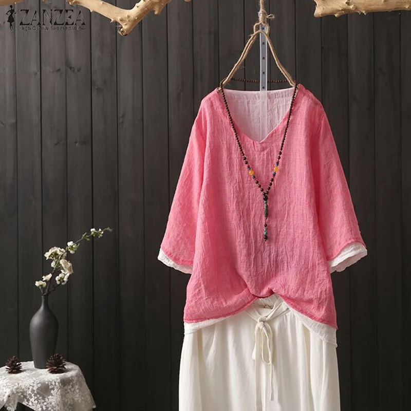 

ZANZEA Top Fashion 2019 Autumn Women Layered V Neck Cotton Linen Blouse Women Casual Half Sleeve Shirt Loose Blusas Plus Size