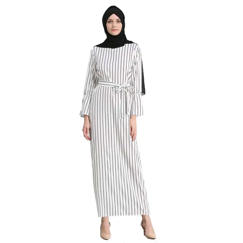 MZ Garment Women Muslim font b Dresses b font For Summer Striped Slim Waist Belt Cotton