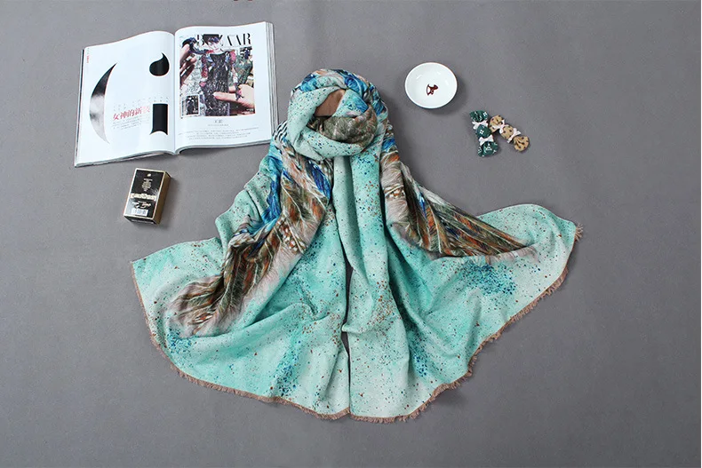 Новый дизайнерский бренд высокого качества Женский принт перо длинное одеяло зима обернутый тёплый шарф-шаль шарфы для женщин