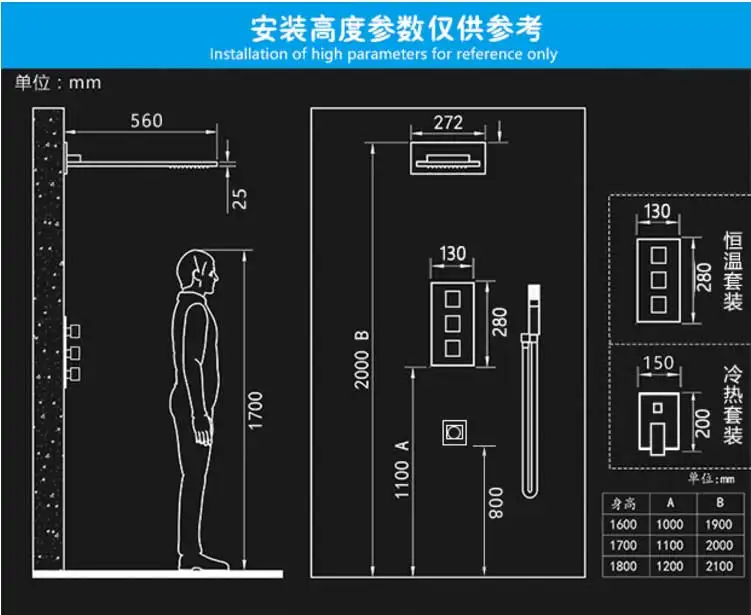 美国佐伸淋浴花洒套装全铜瀑布沐浴花洒黑色恒温花洒暗装嵌入墙式-淘宝网_03