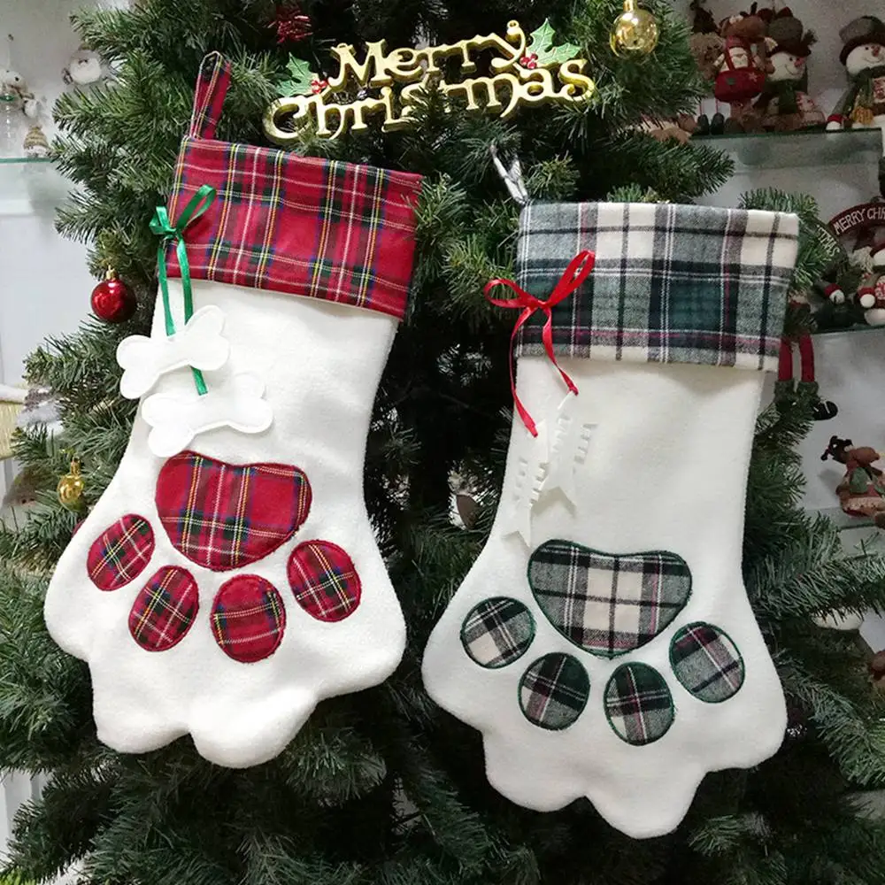 

Christmas Dog Paw Stocking Gift Bags Xmas Tree Hanging Ornaments Plaid Paw Socks Children Candy Bag Party Decoration