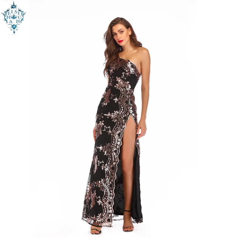 

Ameision slim Sexy High Split Evening Dresses One Shoulder Lace Sequined Long Formal Dress New Luxury Women 2019 robe de soiree