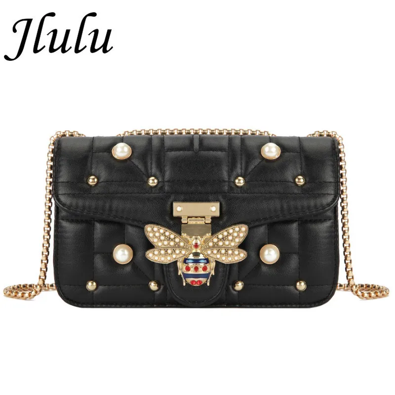 

Jlulu Designer Gold Bee Buckle Crossbody Bags for Women 2019 Quilted Leather Handbags Small Square Flap Shoulder Messenger Bags