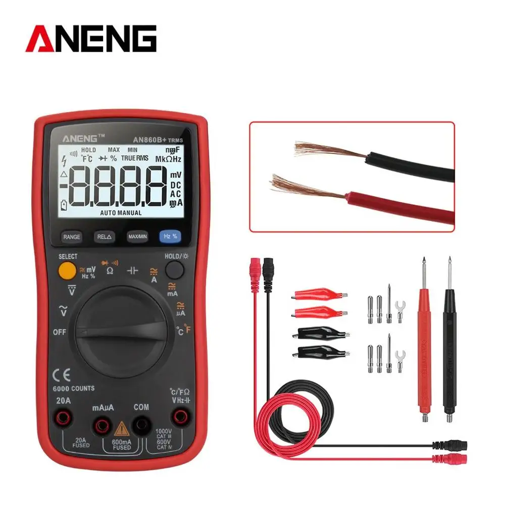 

ANENG Digital Multimeter ACV/DCV Ammeter Diode Ohm Temp Tester Ture RMS with Crocodile clip
