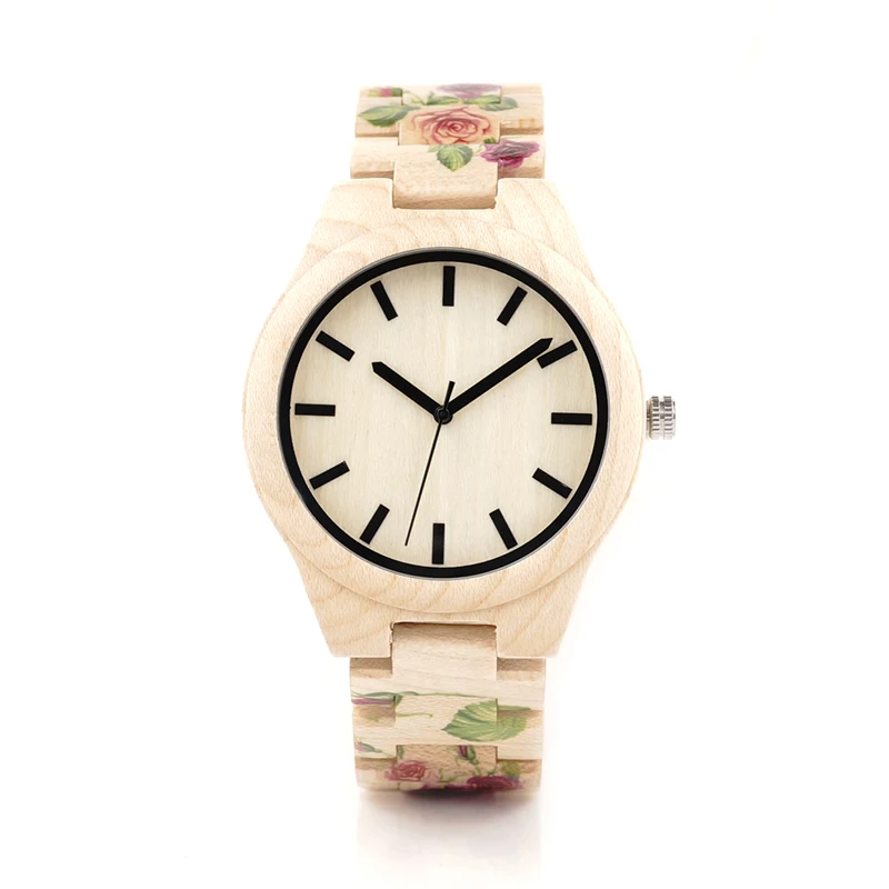 BOBO BIRD Bamboo Wood Watch With UV Printing Flower Wooden Band Mens Women's Quartz Watches