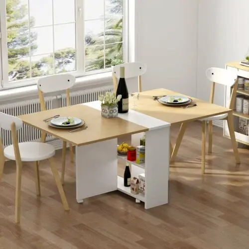 Folding Extendable Dining Table Pear Wood Color Movable Table With