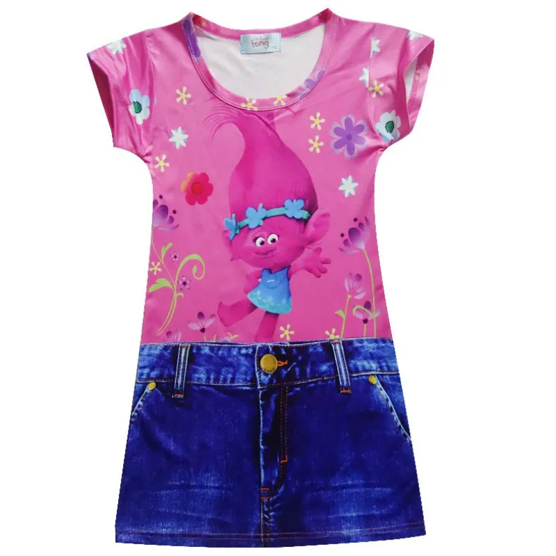 

2017 Summer Girls Print Trolls Dress Denim Jeans Dress for Girl Trolls Princess Party Dress Child Clothing Children Dresses