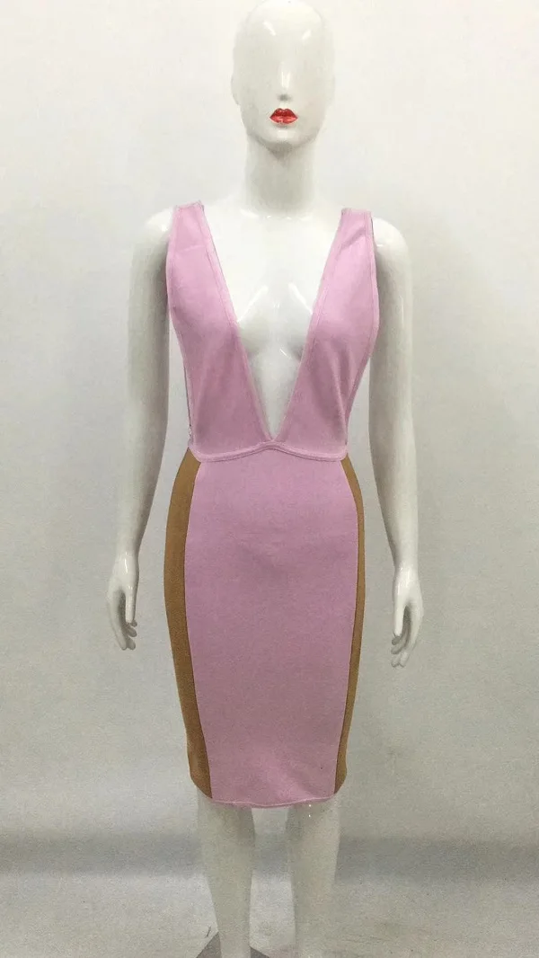 Модное элегантное розовое Бандажное лоскутное платье без рукавов с глубоким v-образным вырезом сексуальное женское летнее платье бодикон вечерние клубная одежда