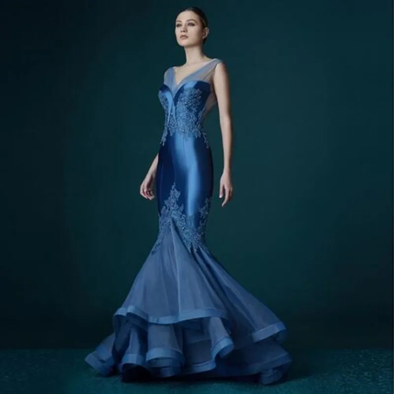 

New Arrival Sexy V neck Backless Long Evening Party Dresses Mermaid Beaded Lace Appliques Ruched Tulle Formal Prom Gowns Custom
