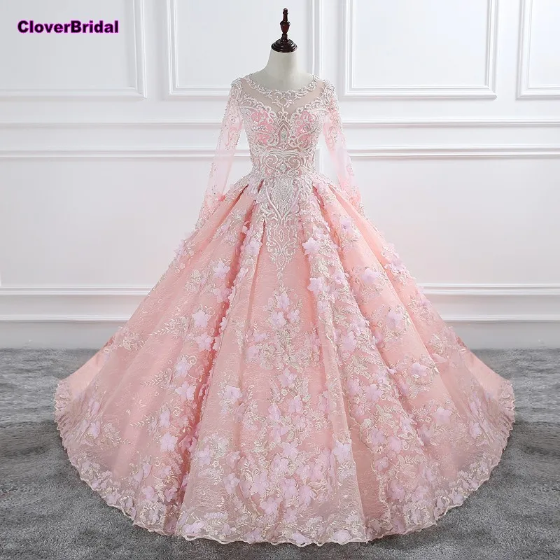 

CloverBridal romantic flowers sequins pearls crystals beaded pink bridal dress elegant long sleeves o neck 1 meter train