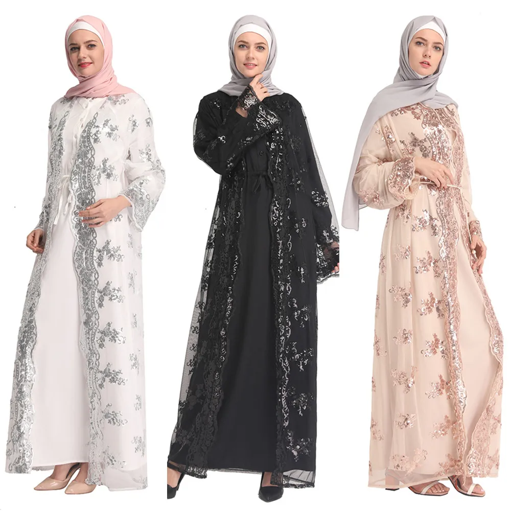 2019 Mesh Sequin Kaftan Embroidery Lace Abaya Turkey Dubai Hijab Muslim Dress Abayas For Women