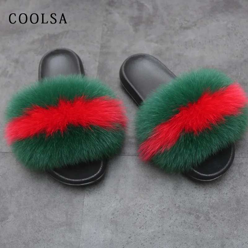 Green- red strip Модные женские шлепанцы; меховые шлепанцы с лисьим мехом; Разноцветные меховые Вьетнамки; Пушистый Плюшевый домик; женские милые зимние теплые тапочки - Цвет: Green- red strip