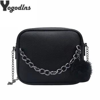 

Women Messenger Bag Chains PU Leather Shoulder Bag Vintage Small Mini Flap Bag Fur Ball Decor Bolsas Crossbody Handbags