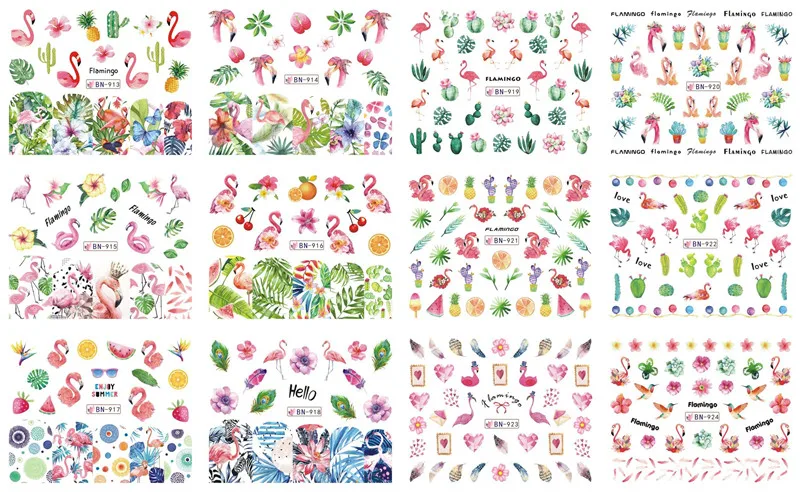 12 Дизайнов/лист воды переводные наклейки для ногтей слайдер полное покрытие советы цветы наклейки с Фламинго Маникюр Прямая поставка