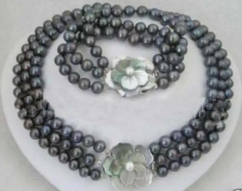 NEW 3 row 7-8 MM black pearl necklace bracelet set 17-19" 7.5" AAA