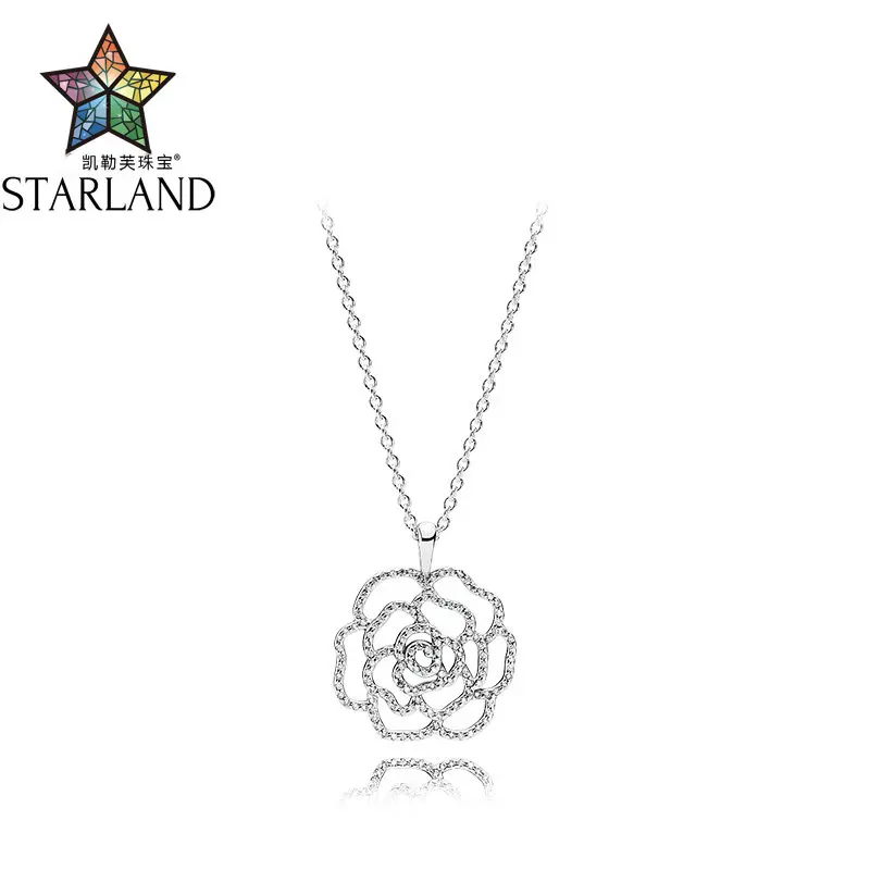 

Starland 2018 New 90cm 100% 925 Sterling Silver CZ Peony Flowers Pendant Necklace For women wedding Original Brand Jewelry Gift