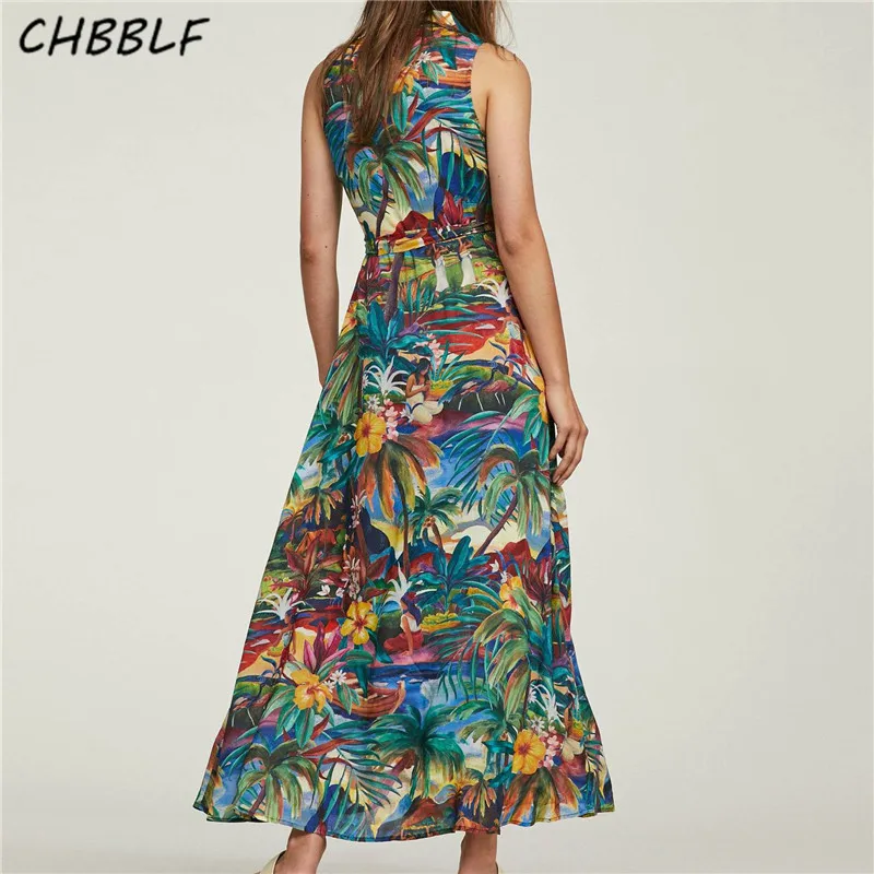 

CHBBLF women vintage print wrap dress sleeveless bow tie sashes notched collar female casual dresses chic midi vestidos POP1817