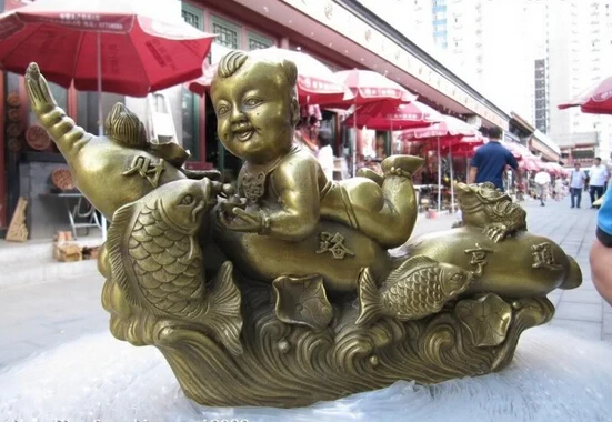 

150401 S0142 Chinese Brass Copper refined lotus root Money Boy feeding Fish Statue