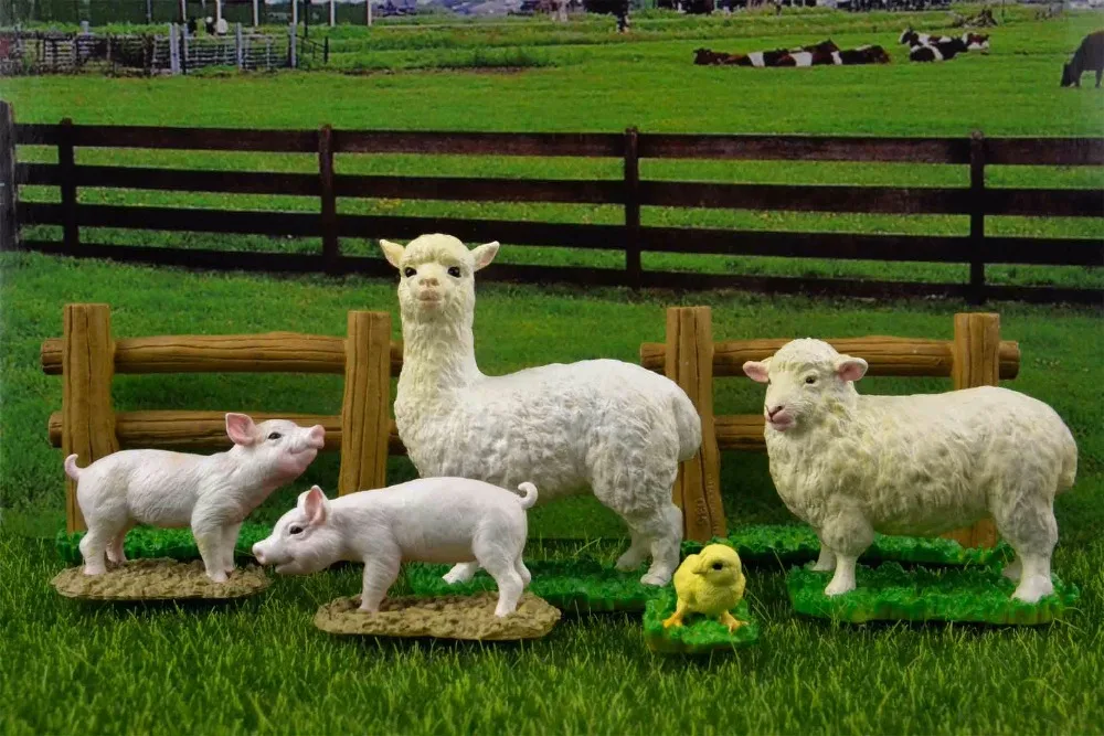 

Japanese genuine farm animals sheep family alpaca pig boar cubs little chicken fence miniature scenario Figures toys kid Gift
