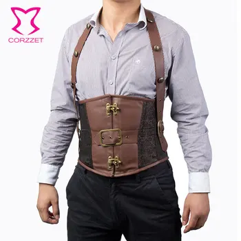 

Halter Brown Steampunk Corset Underbust Mens Clasp Waist Trainer For Sale slimming Bustier Top Harness BodyShaper Gothic