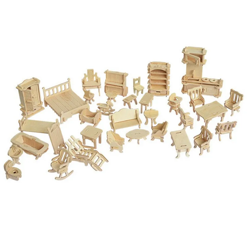 34 шт./компл. Миниатюрный Кукольный дом мебели для 3D Мини-куклы деревянные головоломки DIY здание модель игрушки Детский подарок