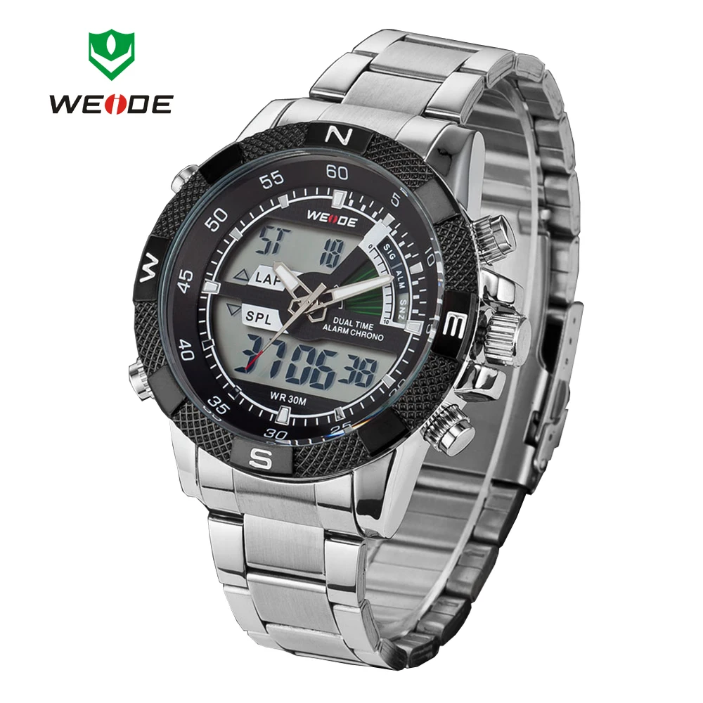 2015 WIEDE Mens Big Screen LCD Backlight Dual Time Date Alarm Stop Analog Digit Multi Function Sports Diver Watch Free Shipping | Наручные