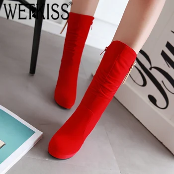 

WETKISS Winter Mid Calf Women Boots Zip Crystal Round Toe Wedges Footwear Flock High Heels Female Boot Platform Shoes Women 2018