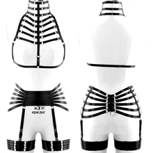 Женская Черная обвязка для тела Бюстгальтер эластичные большого размера Полный Бюстгальтер с выемками между ремешками Подвязки Пояс панк готическое сексуальное нижнее белье набор