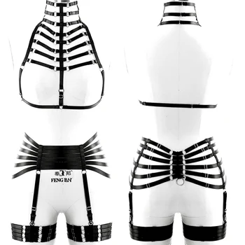 

Womens Black Body Harness Bra Elastic Plus Size Full Cupless Bra Hollow Out Strappy Garters Belt Punk Gothic Sexy Lingerie Set