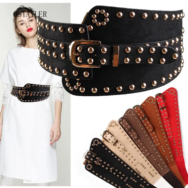 2019 Casual Punk Rivet Studded Waist Belt Ladies Suede Elastic Belts