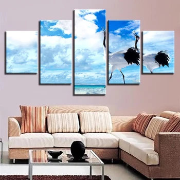

Modular Posters Picture Decor Home HD Printed 5 Pieces Blue Sky White Clouds White Crane Canvas Modern Art Frame Scenery Paints