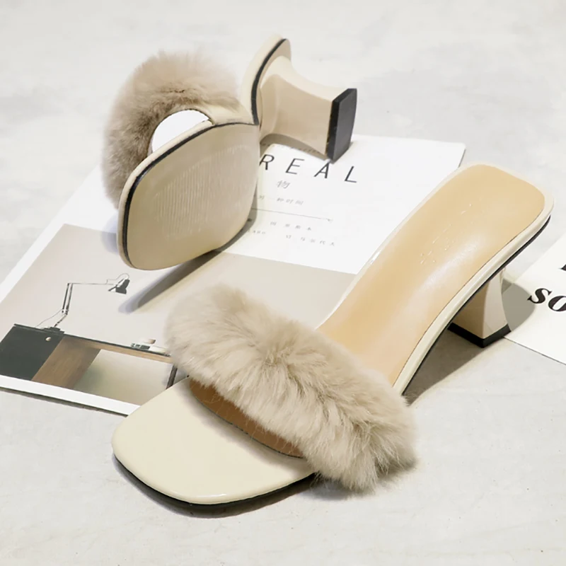 Rabbit Fur Slippers 7cm Block Heel Women Shoes Fashion Mules Fluffy Slides Open Toe Fuzzy Plush Women Basic Slippers Ladies Shoe stylesowner rabbit fur plush high heel slippers transparent clear slippers clip toe thin high heels shoes ladies shoes for women