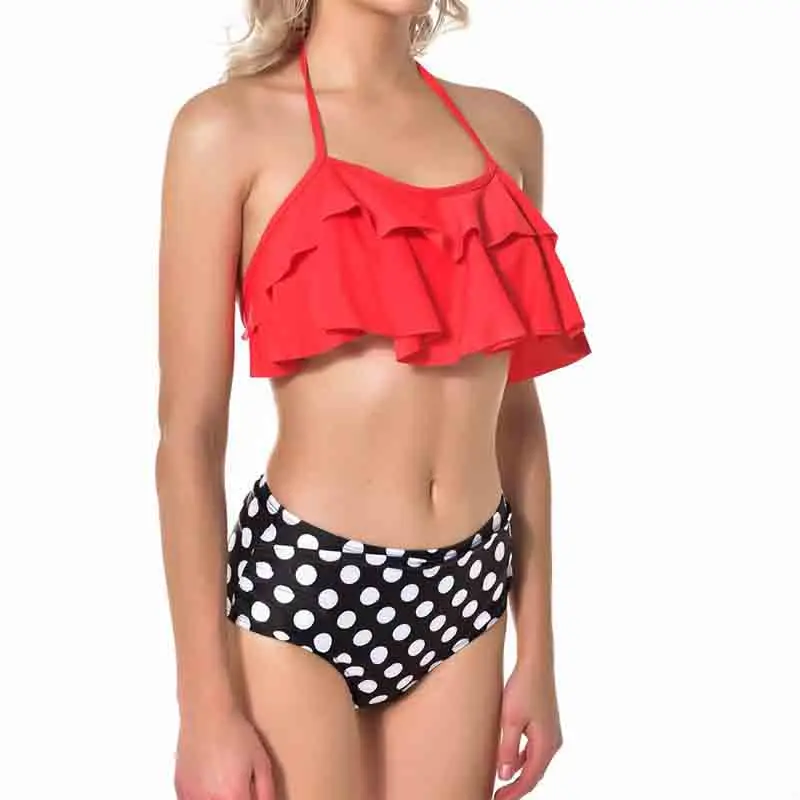 Купальники Для женщин печати Бикини купальники с завышенной талией оборками бикини для плаванья костюм для женские купальники - Цвет: Красный