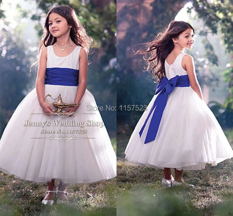 flower girl dresses with blue ribbon