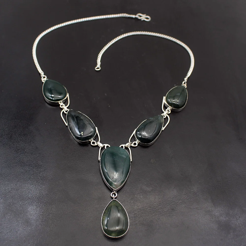 

Elegant Natural Green Moss Agate925 Sterling Silver Unique Women Ladies Pendant Necklace 19.5 inch TF740