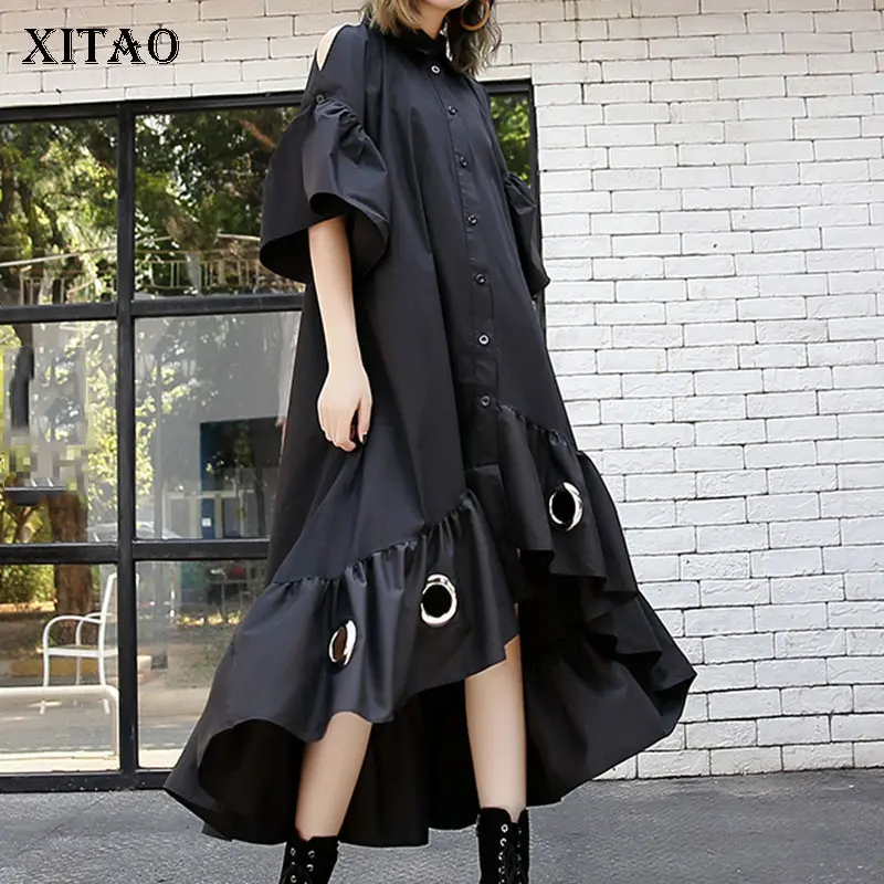 

XITAO Tide Hollow Out Iron Ring Black Dress Irregular Patchwork Pleated Women Clothes 2019 Korean Turn Down Collar New DLL2975