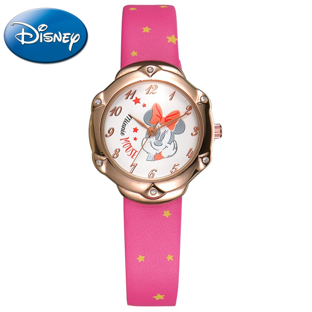 

Minnie Mouse Cartoon Cuties PU Rhinestone Good Watch Pretty Clever Girls Princess Fashion Kid Lovely Simple Watches Disney 11040