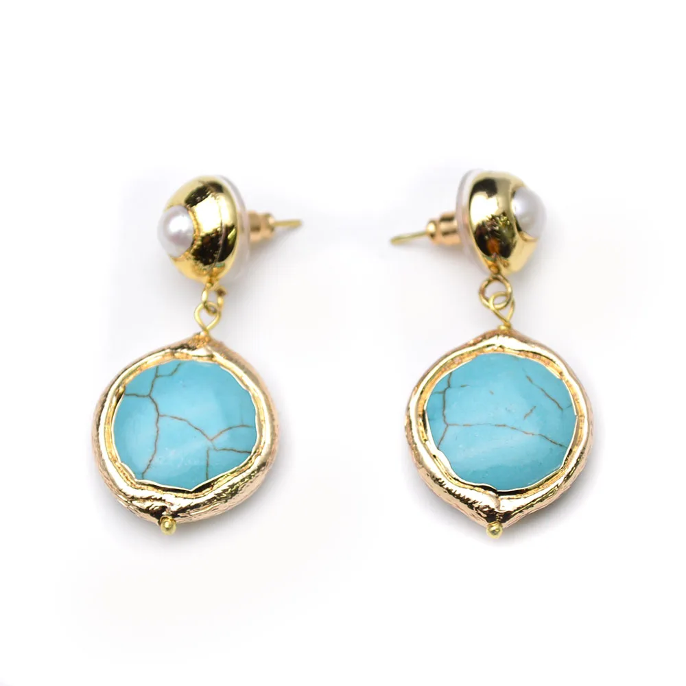 

Double Layer Gold Plating Natural Pearl + Blue Howlite Coin Shape Dangle Earrings Fashion Woman Party Jewelry Christmas Gift