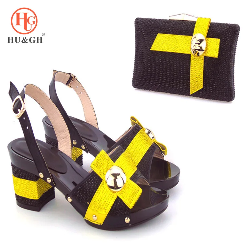 

New Black Color With Yellow Italian Shoes With Matching Bag Set Fashion Woman Pumps Shoes And Bag Set For Party Wedding