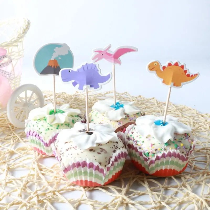 

24pcs Cartoon Dinosaur Cupcake Toppers Happy Birthday Party Decorations Kids Favors Dinosaur Party Cake Flag Baby Shower