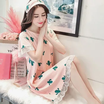 

New Round Neck Short-sleeved Nightgowns Sweet Lovely Print Sleepshirts Lace Stitching Women's Nightdress