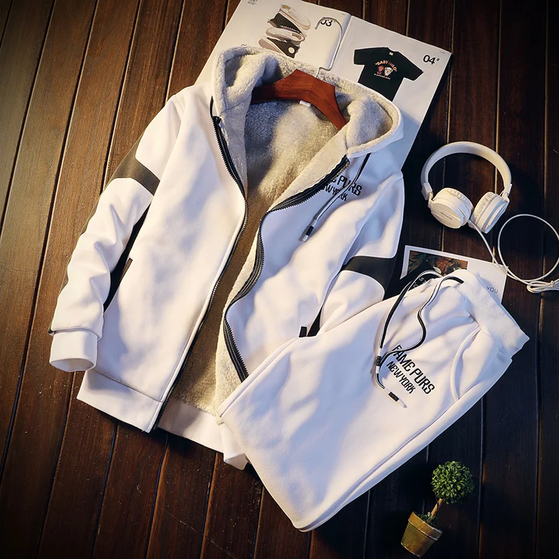 Белый New Casual Mens Tracksuit Winter Fleece Two Piece Sets Thick Warm Hooded Jacket+ Pants Slim Sporting Suit Male Training Sets - Цвет: Белый