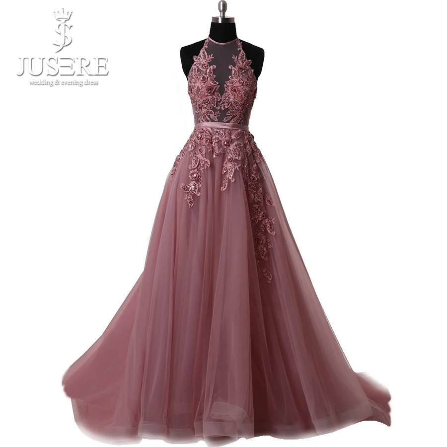 

Halter Neck Sleevelss Open Low Back Pleat Appliques Lace Beaded Belt Court Train Paule Mauve Deep Pink A line Prom Dress 2017